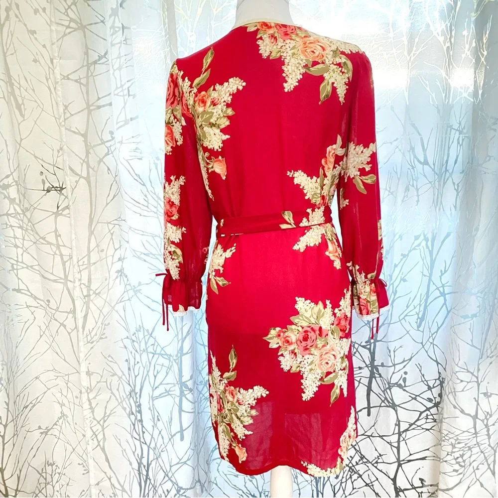 OSCAR DE LA RENTA PINK LABEL cream red green floral print sheer long sleeve robe - Picture 3 of 10